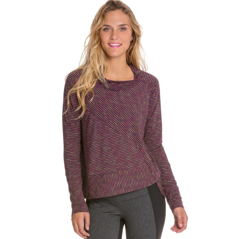 Prana Alicia Shirt Womens‎ Large Purple Striped Asymmetric Long Sleeves